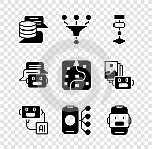 Set Server, Data, Funnel or filter, Algorithm, Artificial intelligence robot, Neural network, Chat, and icon. Vector