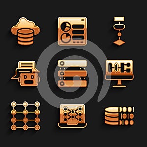 Set Server, Data, Neural network, Binary code, Algorithm, Chat bot, and Cloud database icon. Vector