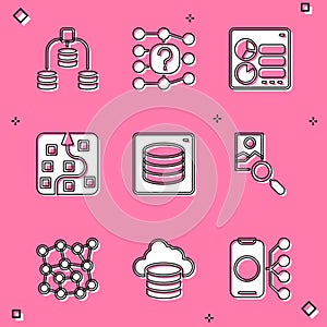 Set Server, Data, Neural network, Computer api interface, Photo retouching, and Cloud database icon. Vector