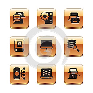 Set Server, Data, Neural network, Computer monitor, Artificial intelligence AI, Chat bot, and icon. Vector