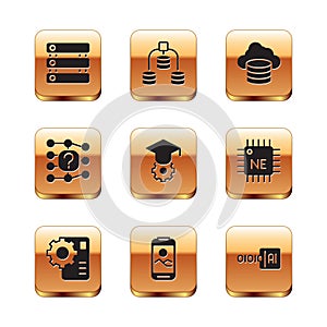 Set Server, Data, Neural network, Mobile phone, Graduation cap, Cloud database, Binary code and icon. Vector