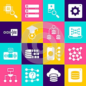 Set Server, Data, Neural network, Photo retouching, Graduation cap, Binary code, Processor CPU and icon. Vector