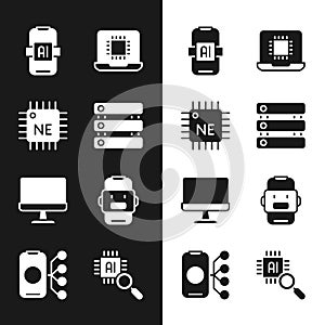 Set Server, Data, Processor CPU, Artificial intelligence AI, Computer monitor, Chat bot, and Neural network icon. Vector
