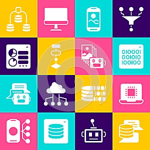 Set Server, Data, Processor CPU, Binary code, Mobile phone, Algorithm, Computer api interface, and Artificial