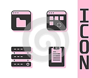 Set Server, Data report, Browser files, Data, Web Hosting and Loading data window icon. Vector