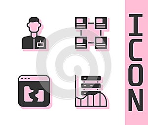 Set Server, Data, Web Hosting, Analyst engineer, Broken file and Hierarchy organogram chart icon. Vector