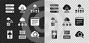 Set Server, Data, Web Hosting, Cloud computing lock, Computer network, technology data transfer, Search cloud, and icon