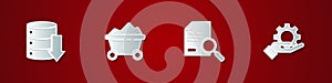 Set Server, Data, Web Hosting, Coal mine trolley, Document with search and Hand settings gear icon. Vector