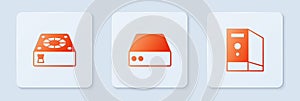 Set Server, Data, Web Hosting, Computer cooler and Case of computer. White square button. Vector