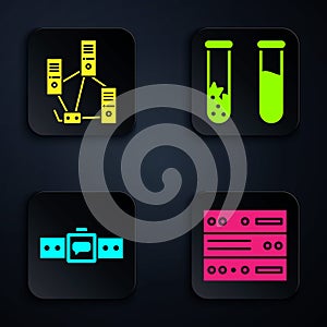 Set Server, Data, Web Hosting, Computer network, Smartwatch and Test tube and flask. Black square button. Vector