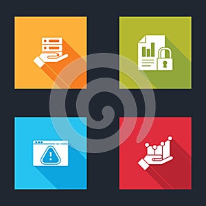 Set Server, Data, Web Hosting, Document and lock, Browser with exclamation mark and Pie chart infographic icon. Vector