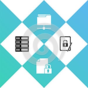 Set Server, Data, Web Hosting, Document and lock, FTP folder and Tablet with closed padlock icon. Vector