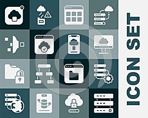 Set Server, Data, Web Hosting, and gear, Cloud technology data transfer, Browser files, Filter setting, and icon. Vector