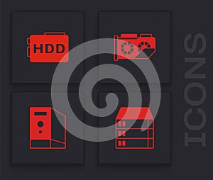 Set Server, Data, Web Hosting, Hard disk drive HDD, Video graphic card and Case of computer icon. Vector