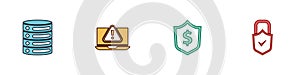 Set Server, Data, Web Hosting, Laptop with exclamation mark, Shield dollar and Lock and check icon. Vector