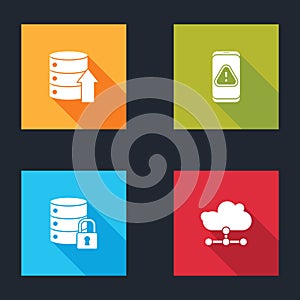 Set Server, Data, Web Hosting, Mobile with exclamation mark, security lock and Network cloud connection icon. Vector