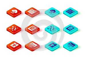 Set Server, Data, Web Hosting, Monitor with graph chart, stream, report, Search engine and Cloud computing lock icon
