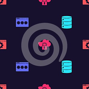 Set Server, Data, Web Hosting, Password protection, Cloud computing lock and Browser setting on seamless pattern. Vector