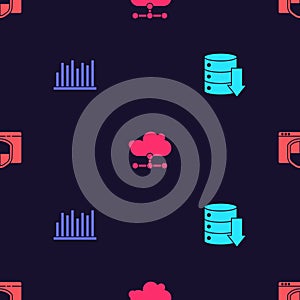 Set Server, Data, Web Hosting, Pie chart infographic, Network cloud connection and Browser with shield on seamless pattern. Vector