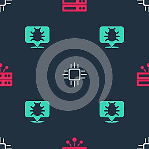 Set Server, Data, Web Hosting, Processor with microcircuits CPU and System bug on seamless pattern. Vector