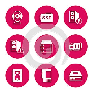 Set Server, Data, Web Hosting, SD card, Optical disc drive, Video graphic, Hard disk HDD, Case of computer, and camera