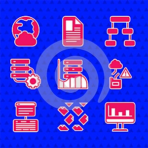 Set Server, Data, Web Hosting, stream, Monitor with graph chart, Cloud technology data transfer, and gear, Hierarchy