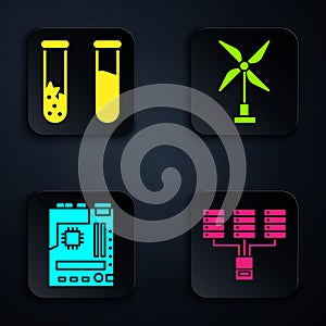 Set Server, Data, Web Hosting, Test tube and flask, Motherboard and Wind turbine. Black square button. Vector