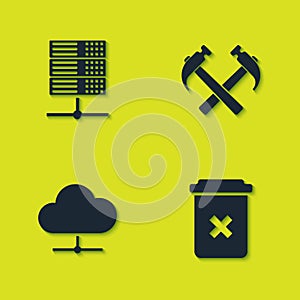 Set Server, Data, Web Hosting, Trash can, Network cloud connection and Two crossed hammers icon. Vector