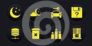 Set Server, Data, Web Hosting, Unknown document, Trash can, Ranking star, Car rental and Cloud with moon and stars icon