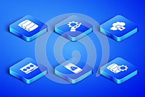 Set Server and gear, Server, Data, Web Hosting, Mobile with exclamation mark, Laptop password, Hand settings and Cloud