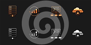 Set Server, Pie chart infographic, Data analysis and Cloud computing lock icon. Vector