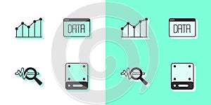 Set Server, Pie chart infographic, Search data analysis and Data icon. Vector