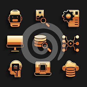 Set Server, Processor CPU, Cloud database, Neural network, Humanoid robot, Computer monitor, and Chat icon. Vector