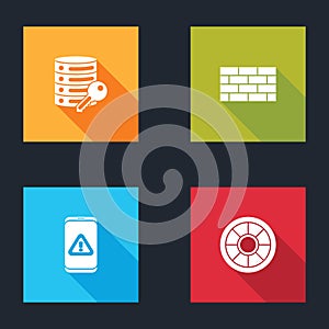 Set Server security with key, Firewall, wall, Mobile exclamation mark and Safe icon. Vector
