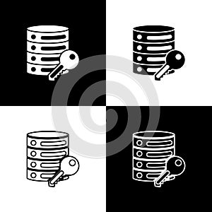 Set Server security with key icon isolated on black and white background. Security, safety, protection concept. Vector