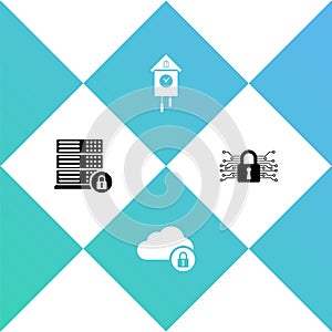 Set Server security with lock, Cloud computing, Retro wall watch and Cyber icon. Vector