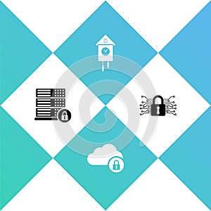 Set Server security with lock, Cloud computing, Retro wall watch and Cyber icon. Vector