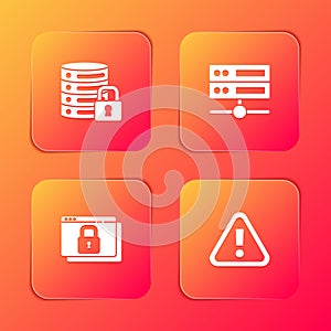 Set Server security with lock, Server, Data, Web Hosting, Secure your site HTTPS, SSL and Exclamation mark triangle icon