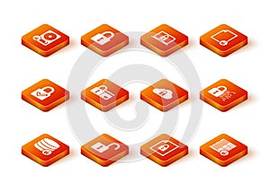 Set Server security with lock, Open padlock, Lock and check mark, Credit card, Document and Cloud computing icon. Vector