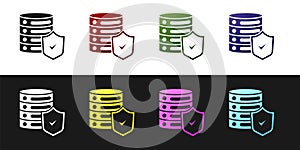 Set Server with shield icon isolated on black and white background. Protection against attacks. Network firewall, router