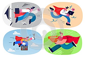 Set of servicemen as superheroes fly to clients