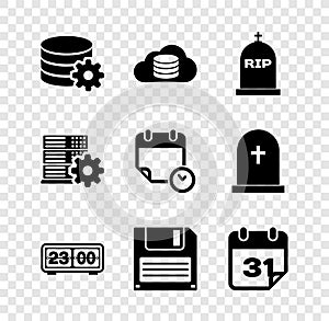 Set Setting database server, Cloud, Tombstone with RIP written, Retro flip clock, Floppy disk and Calendar icon. Vector