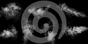 A set of seven different types of swirling, writhing smoke, steam isolated on a black background for overlaying