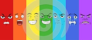 Set of seven faces expressing different emotions in a rainbow pattern