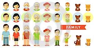 Set of seven family members in flat style