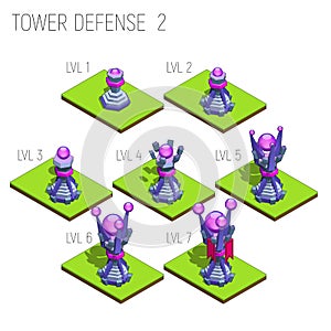 Set of seven isometric medieval magic tower defense for game isolated on white background.