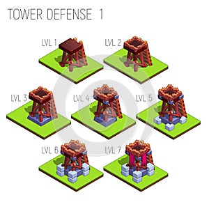 Set of seven isometric medieval tower defense for game isolated on white background.