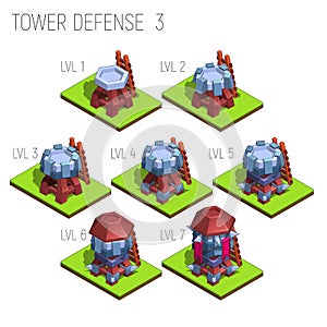 Set of seven isometric medieval tower defense for game isolated on white background.