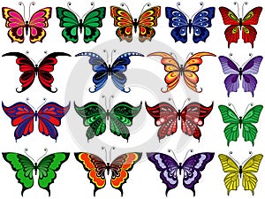 Set of seventeen colorful butterflies