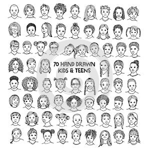 Set of seventy hand drawn children`s faces, black and white photo